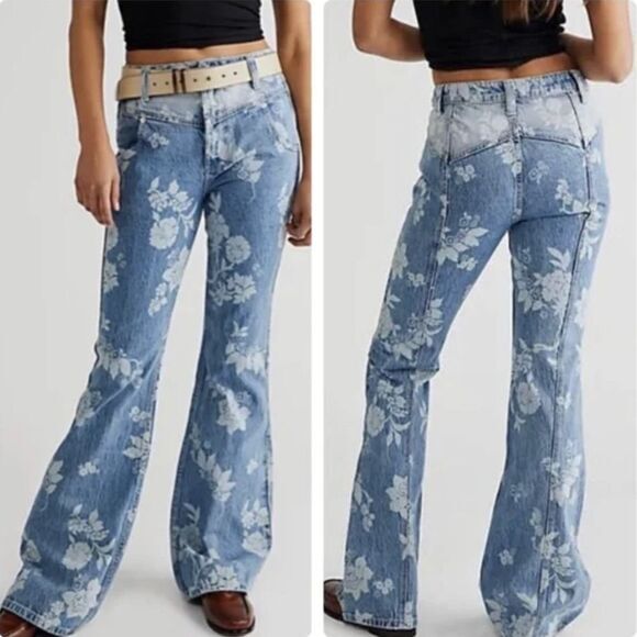 New! Free People Naiomi floral print‎ flare jeans, 26 - Picture 1 of 15